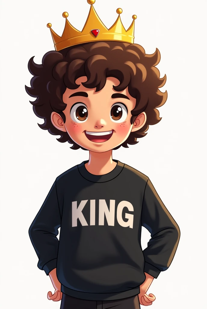 Cream a mascot logo where the mascot has curly hair, black sweatshirt, black and brown hair and the word says king
