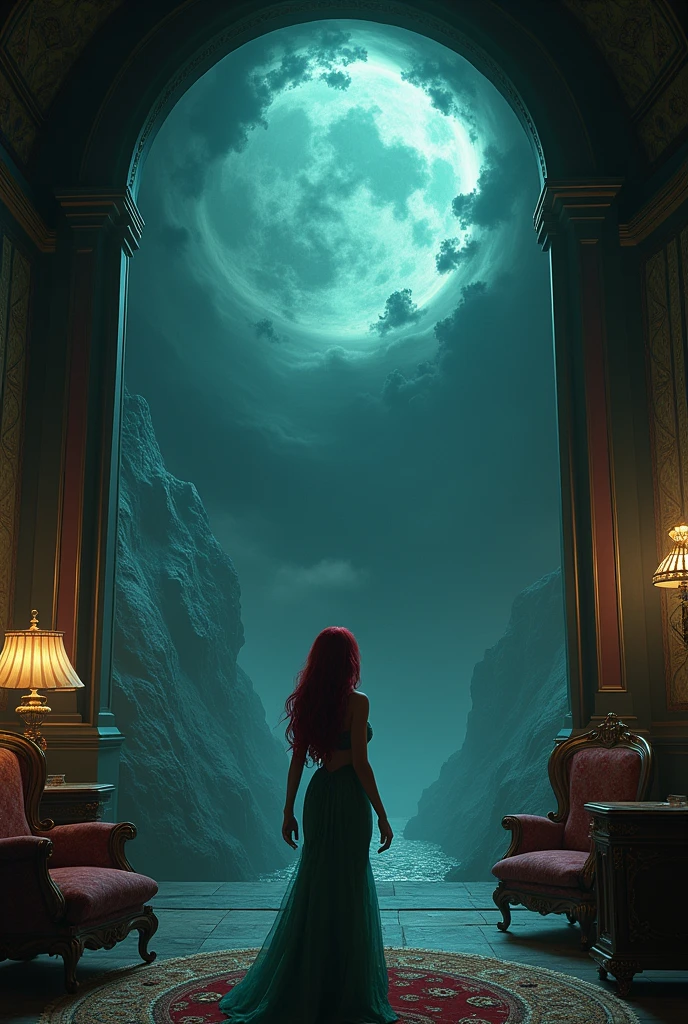 The interior of a luxurious palace with shadows and a tense atmosphere. The little mermaid watches from the shadows as the clock ticks down to the end of the third day.. Simultaneously, an eternal abyss is shown as a dark and stormy vortex, with trapped souls that cry and writhe.