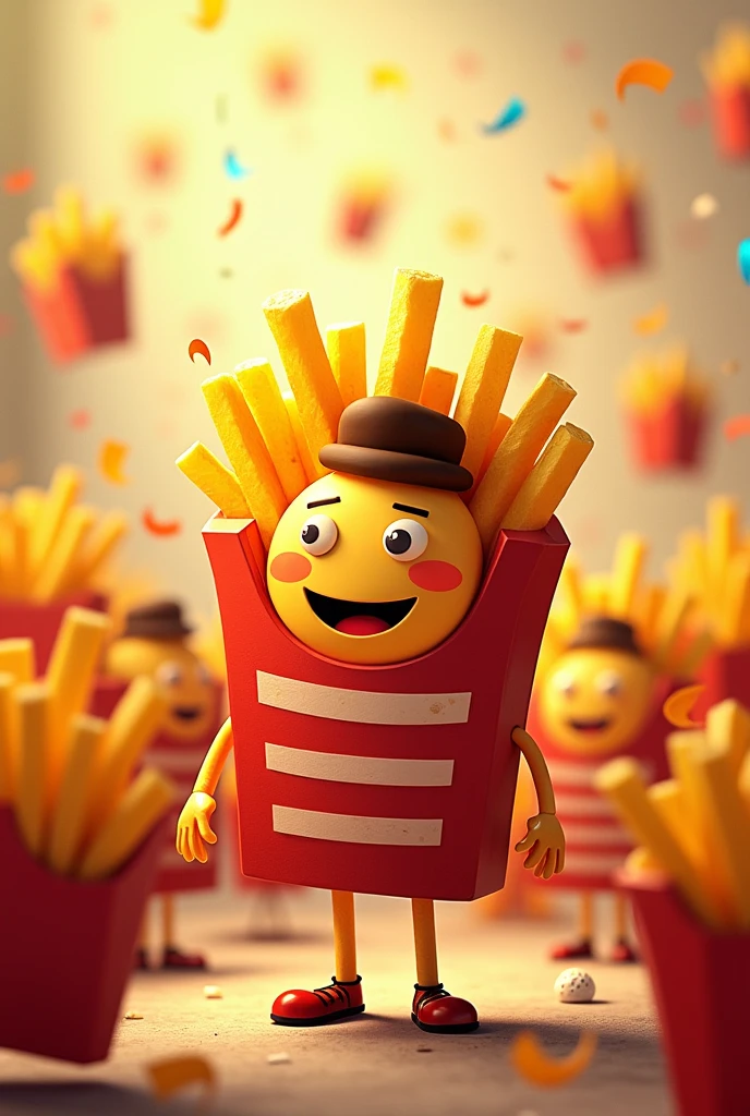 Create me a cartoon image of a French fry in a world of French fries on World French Fry Day