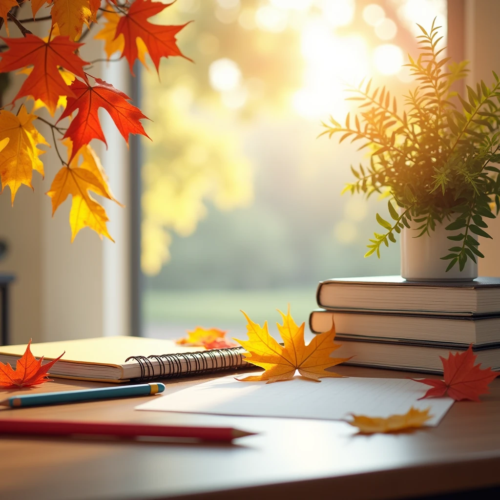 A neatly arranged school desk with fresh flowers, notebooks, pencils, and autumn leaves scattered around, symbolizing the start of the school year, all set on a bright background with soft natural lighting