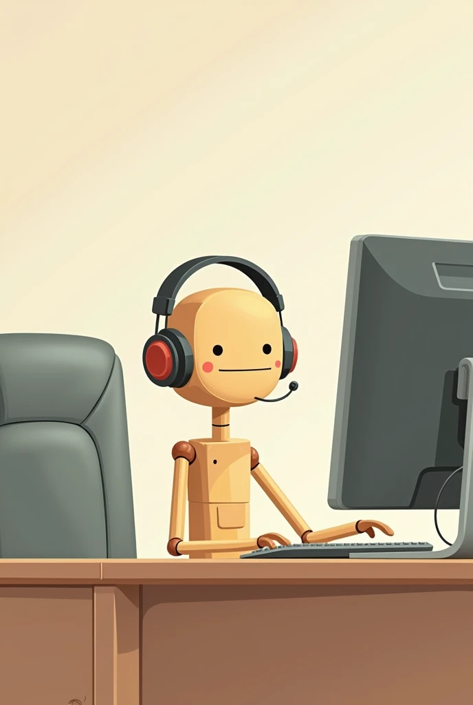 A matchstick Siting on the table working on computer and matchstick wearin headphone in office 