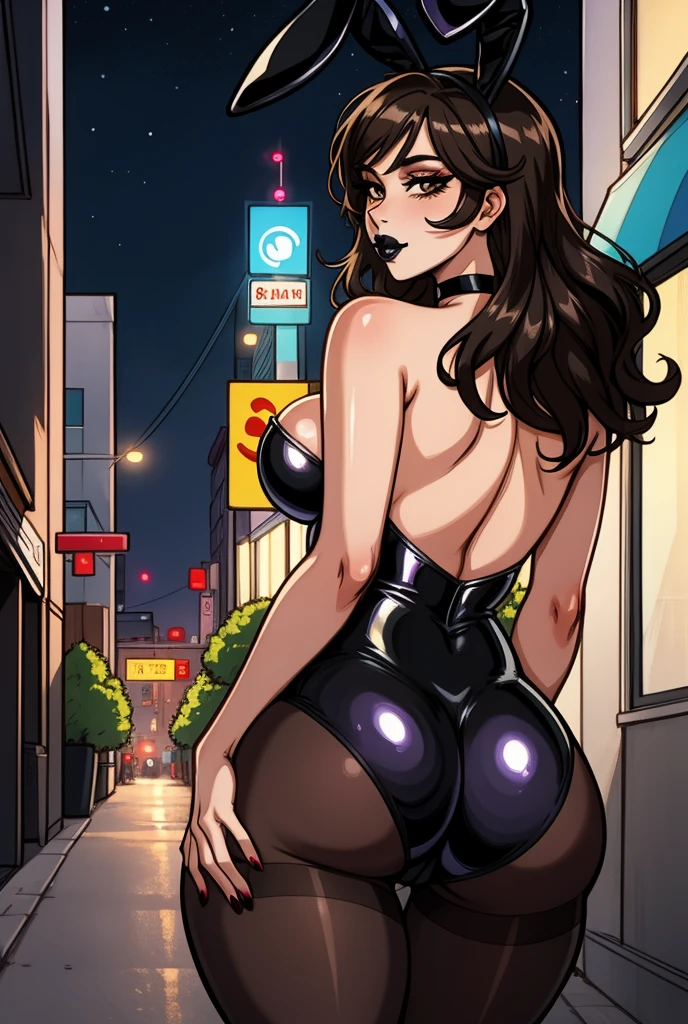 (masterpiece, best quality, ultra-detailed, intricate), view from behind, cowboy shot, black hair, wavy hair, brown eyes, giant_breasts, sagging_breasts, breasts_apart, pawg, _sexy, skinny figure, voluptuous figure, (black lipstick), lashes, eyeliner, black choker, black bunny ears, black leotard, strapless, fishnet pantyhose, visible legs, shiny, indoors, expressive eyes, confident pose, anime style, detailed background, city, street, allyway, nighttime, vibrant colors, clean line work, strong highlights, soft shadows, glossy finish, realistic textures, 