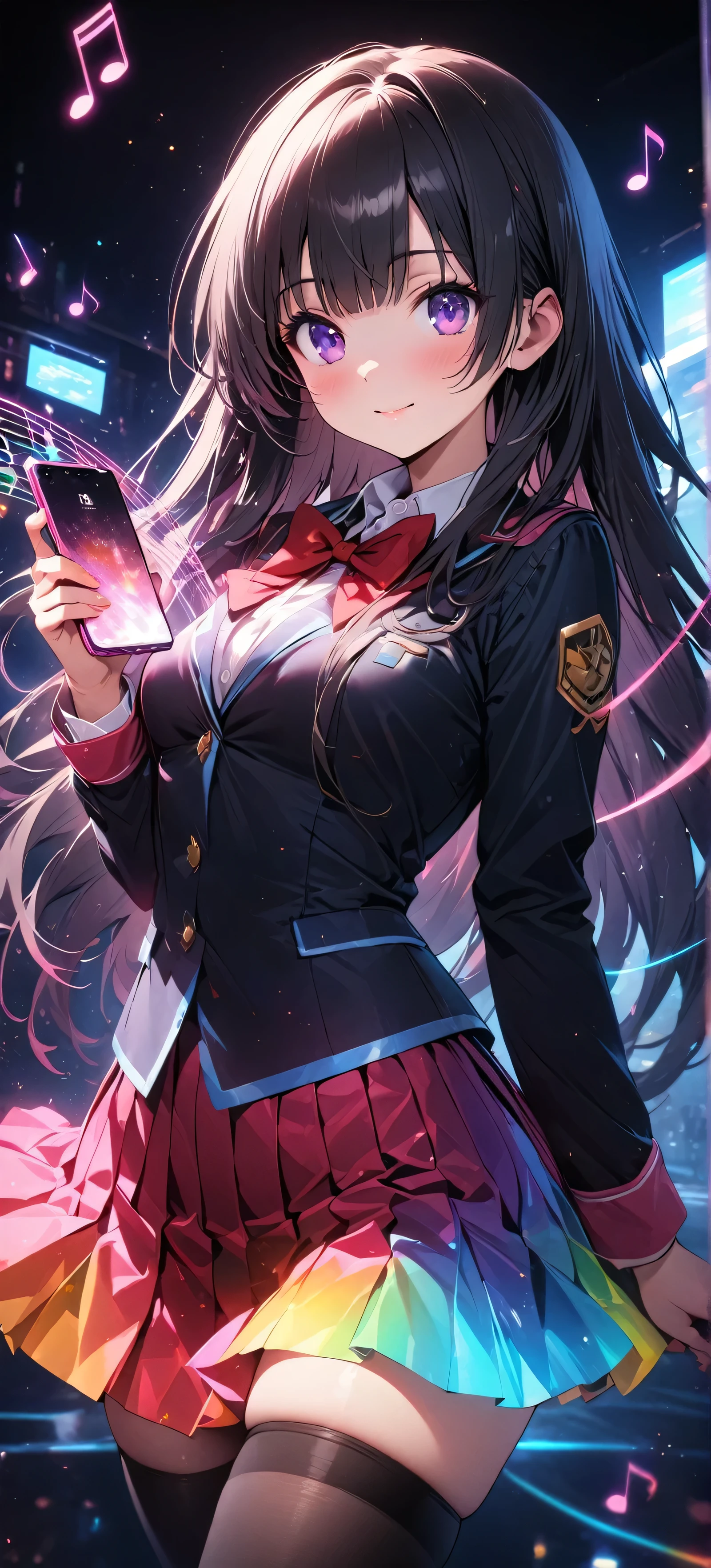 masterpiece, Highest quality, Ultra-high resolution,rich contrast,super high quality,8k,Highly detailed CG unit wallpaper,Ultra-high resolution,RAW Photos, Depth of Field 1.2,((smartphone screen)),The world on the smartphone screen shows a girl,Beautiful girl wearing uniform and pleated skirt,Kotonoha Katsura, purple eyes, black hair, long hair,black thighhighs, bow, red bow, school uniform, skirt, thighhighs, zettai ryouiki,Kotonoha Katsura,holographic,holographic girl,holography, Rainbow colors,Neon color, Ultra-detailed lights,colorful,(((Flying Music Note)))