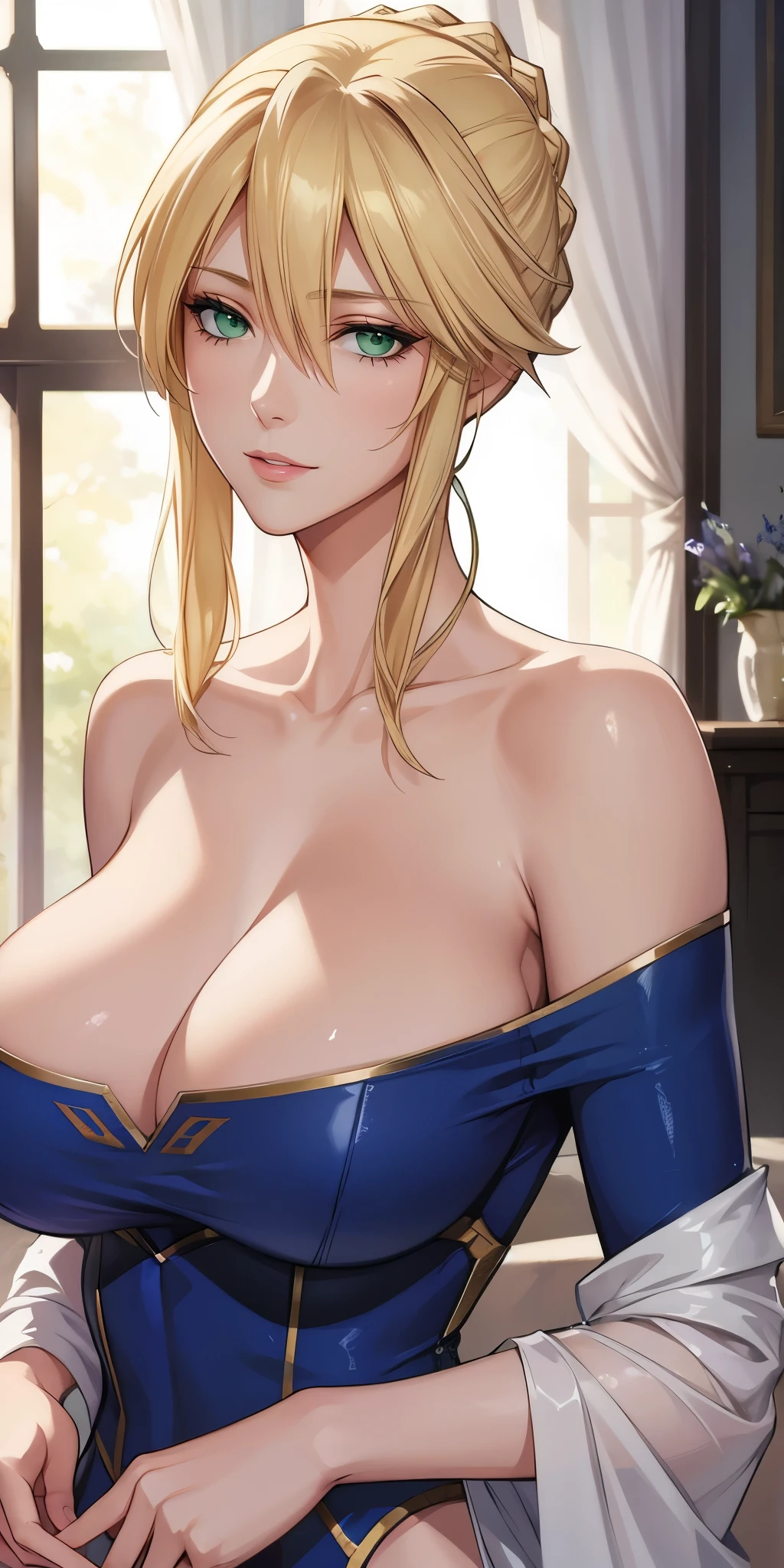 Elegant mature female, artoria pendragon, blonde, green eyes, sleeveless sweater, soft light, high quality, 4k resolution, beautiful cg