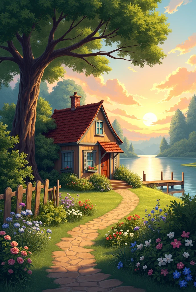 LITTLE HOUSE IN THE COUNTRYSIDE WITH A LAKE, Garden, TREE AND SUNSET