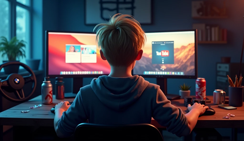Generate an image: Im Stil von Pixar 3D-Animations-Filmen. young man, short blonde hair, somewhat neglected, View from behind. he sits in front of a gaming PC with two monitors and is engrossed in writing. On the table is a BMW steering wheel and soft drink cans. The room is dark and messy, on the screens is the interface of Youtube and Instagram.