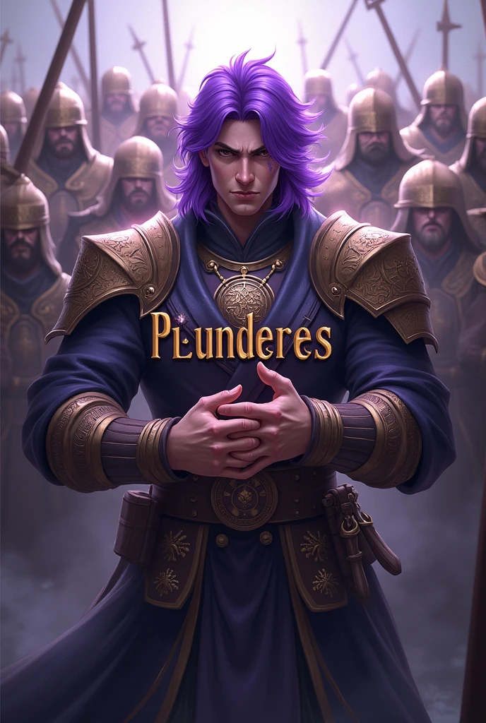 A purple haired man who leads a guild, holding the word Plunderes in his hands and behind him his army of warriors