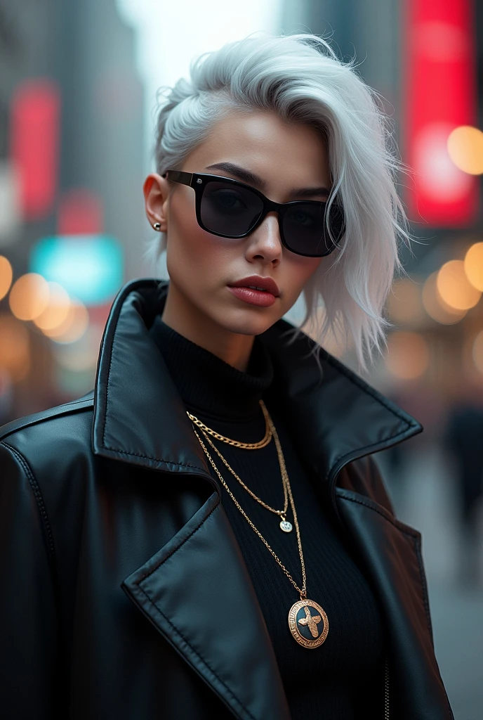 "Create a smart-looking character perfect for YouTube reels. The character should have a modern, stylish appearance, wearing sunglasses and a black jacket. The character should have white hair and wear a neck locket, adding a unique touch to their look. The overall vibe should be cool and confident, making them stand out in any reel."