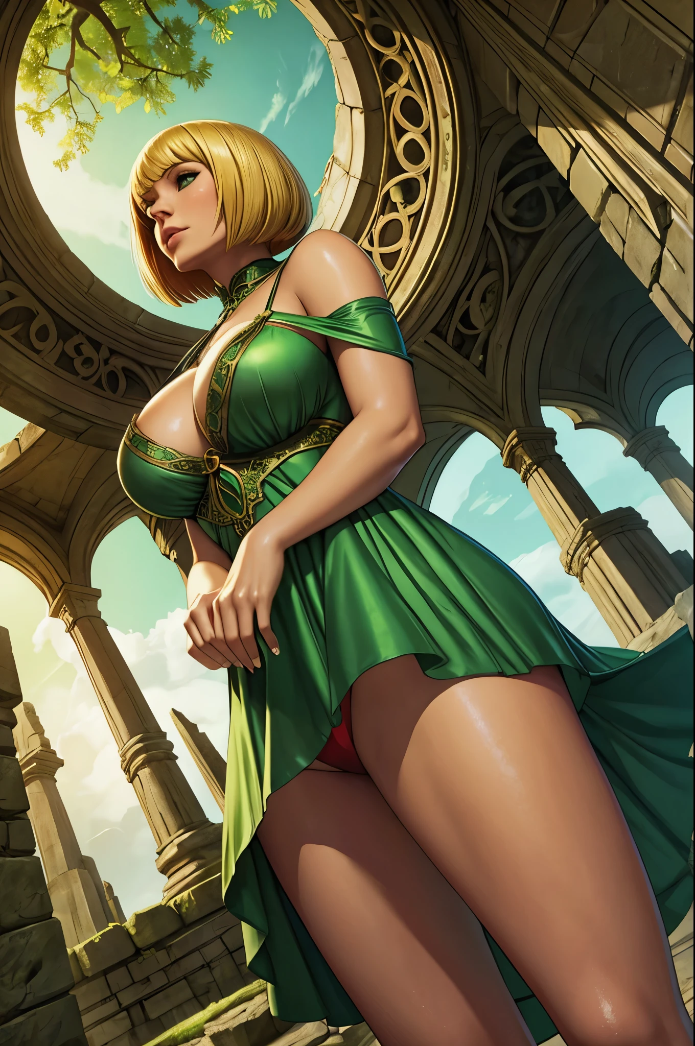 sorceress wearing a green dress and ((red panties)), blonde bobcut, gorgeous woman, ancient overgrown stone ruins, ((low-angle shot))