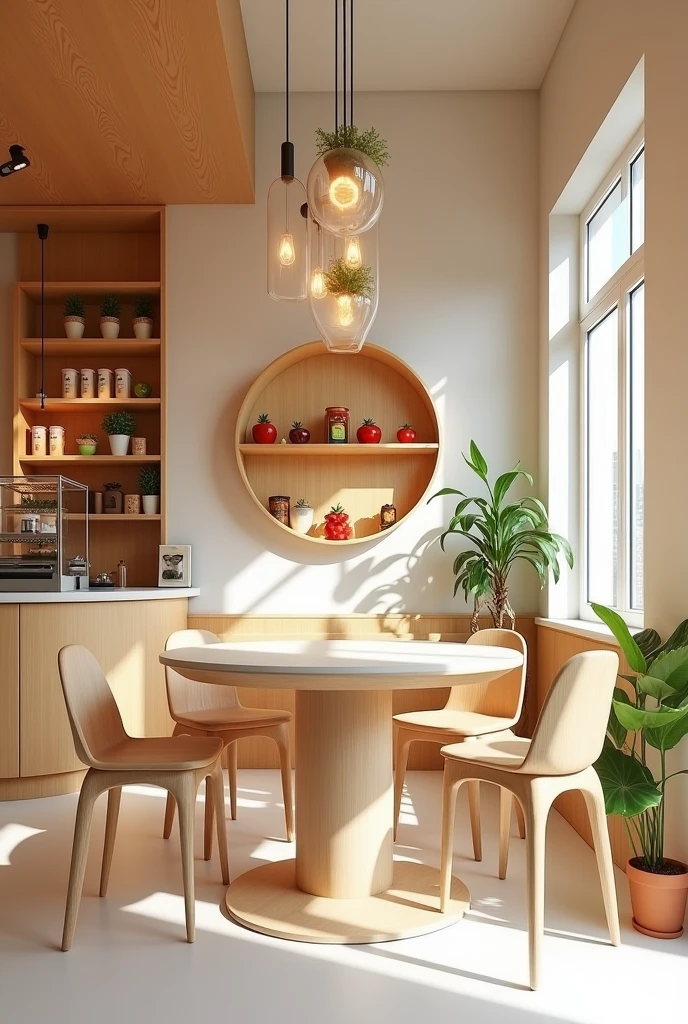 Comptoir et intérieur avec table et chaise d un fast food de fruit moderne couleur blanc et marron
au nom de : SALAMA !
Un petit lieu convivial et attrayant 
Représente la fraîcheur 
