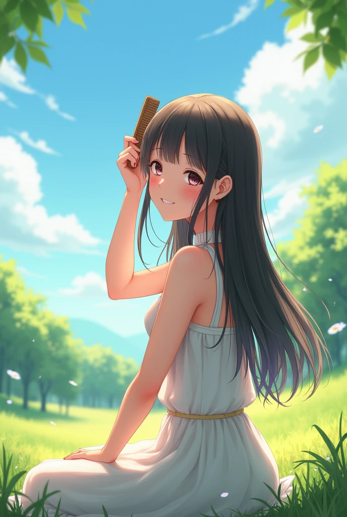 SLR、Beauty、high 、cute、Small valley、No sleeve、side、smile、See-through、sun、Sitting、Combing your hair