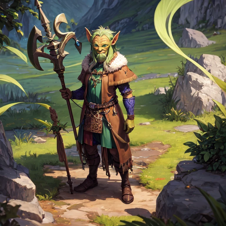 Tall green old man goblin shaman with staff dressed in skins