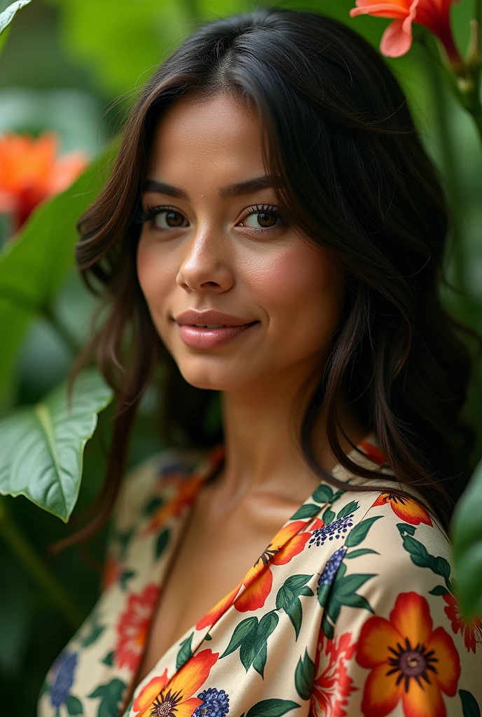 A Brazilian woman in a lush tropical garden, wearing an open shirt with a floral print, with a close-up capturing the harmonious beauty between her breasts and the natural flowers, showing off your natural charm and outgoing personality.