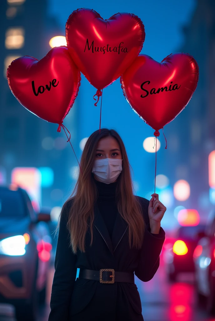 The Three red Hearts ballon in the hand of a stylish girl white mask on his face with blue purpule lighting and cars in the background the first one write love and Second Mustafa And Third Samia