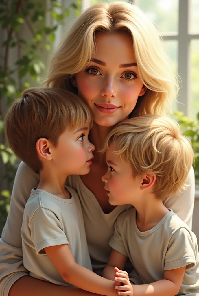 Cream a woman with blonde hair and brown eyes With two male children 
