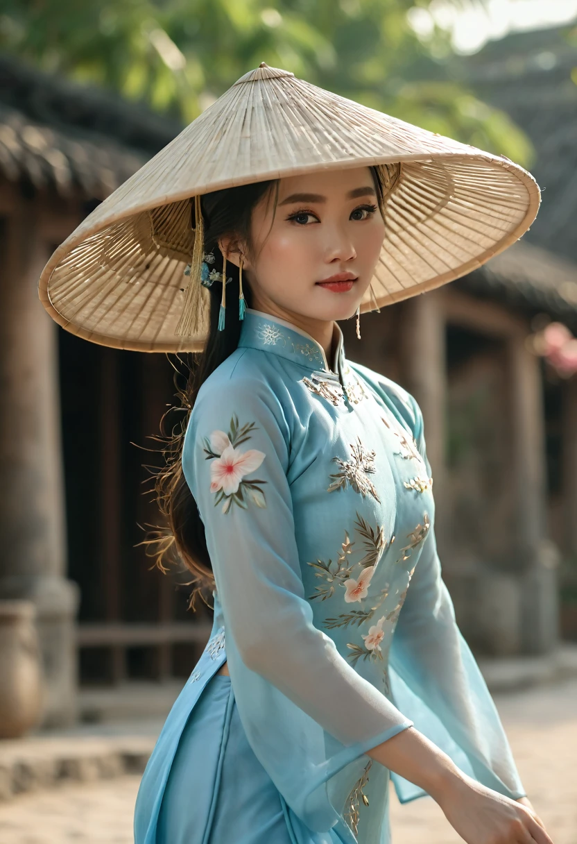 far shot, high camera angle of Vietnamese girl in stylist light blue ao dai costume, gorgeous, sophisticated design, bold fashion, impressive figure, oriental Hoi An scene, cool style, magical shimmering, flying petals, realistic details, extremely detailed, 8K, super realistic, dynamic pose, cinematic lighting, low vivid, cinematic color tone, non la, Viet Nam conical hat, super detailed skin, wind blown
