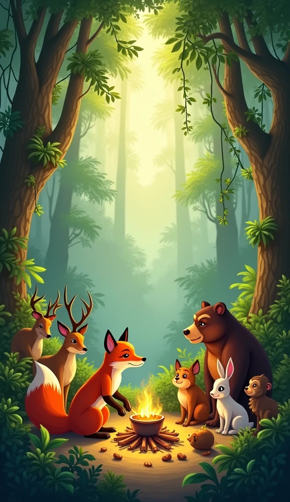 A dense jungle filled with towering trees, thick vines, and patches of vibrant greenery. In the heart of the jungle, a fox stands near a rustic, makeshift cooking area, preparing food for a gathering of various animals. The fox, with its orange fur and bushy tail, is carefully stirring a large pot over a small fire made from gathered sticks. Surrounding the scene are animals of all kinds—deer, rabbits, birds, monkeys, and even a bear—sitting peacefully, waiting for the meal. The soft sunlight filters through the thick canopy above, casting a warm, golden glow on the animals and the lush surroundings. The entire scene is one of harmony and community in nature, where the fox prepares a meal for all the jungle creatures."