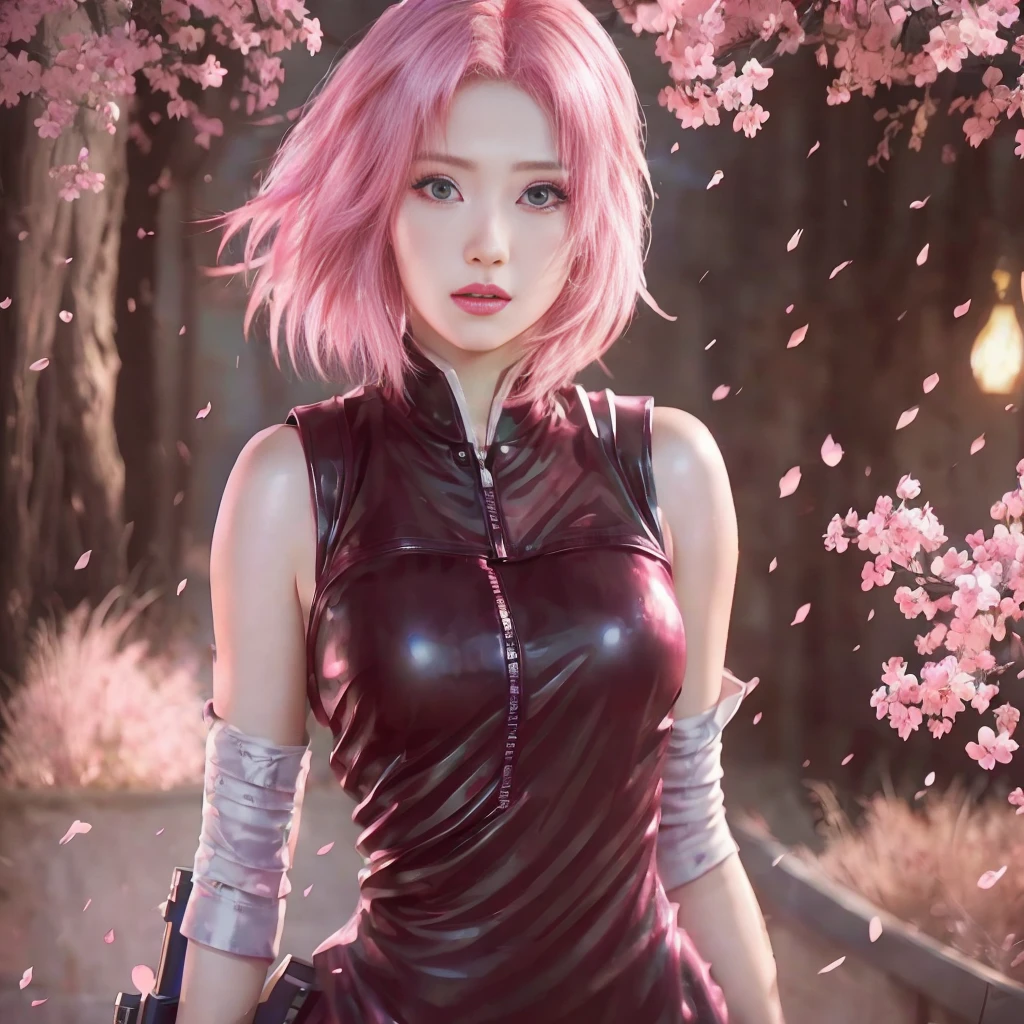 anime girl with pink hair and black leather dress holding a gun, Sakura Haruno, Haruno Sakura, deviantart artstation cgscosiety, anime style digital art, 4K anime style, sakura petals around her, Anime style. 8k, Realistic 3D anime style, anime style 3d, realistic anime artstyle, Alena Aenami and Artgerm