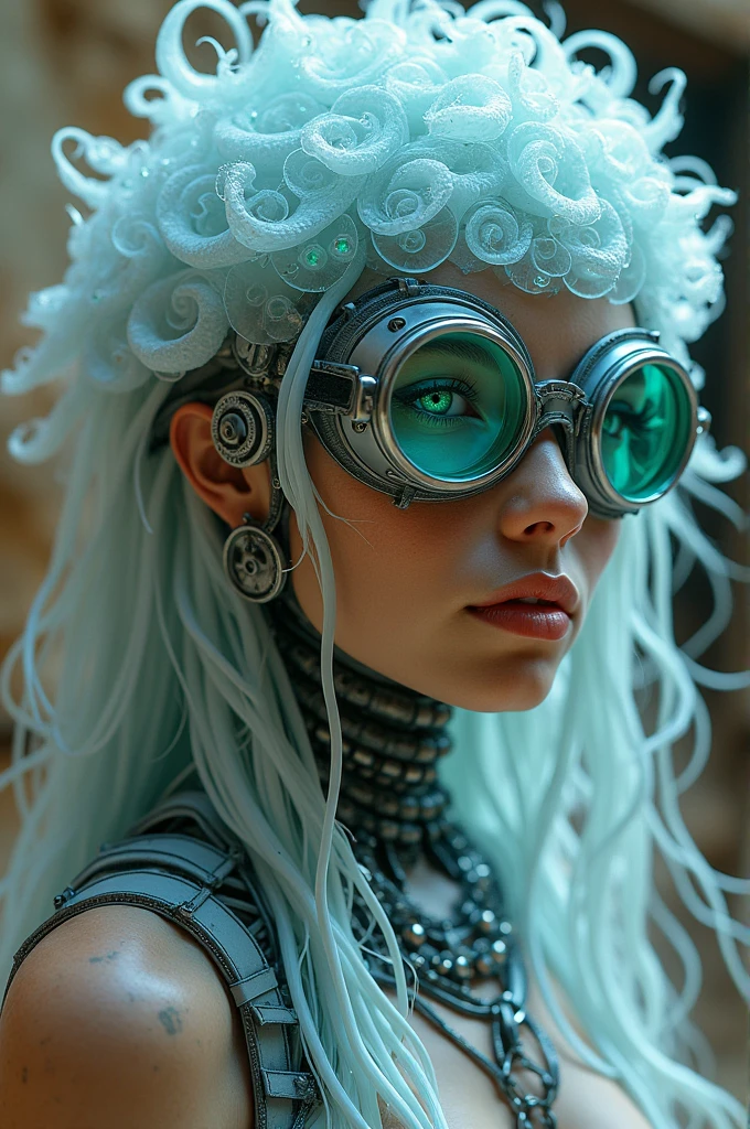 Ethereal Cyborg Woman, bioluminescent jellyfish tiara. Steampunk goggles merge with translucent tentacles. Cracked porcelain skin meets iridescent scales. Mechanical implants and delicate tendrils intertwine. Human characteristics with an otherworldly glow. Dreamy aquatic tones contrast with aged metal. Reflective eyes capture invisible worlds. Gentle bioluminescence meets a harsh desert landscape. Fusion of organic and synthetic, ancient and futuristic. Hyper-detailed textures, surreal atmosphere.