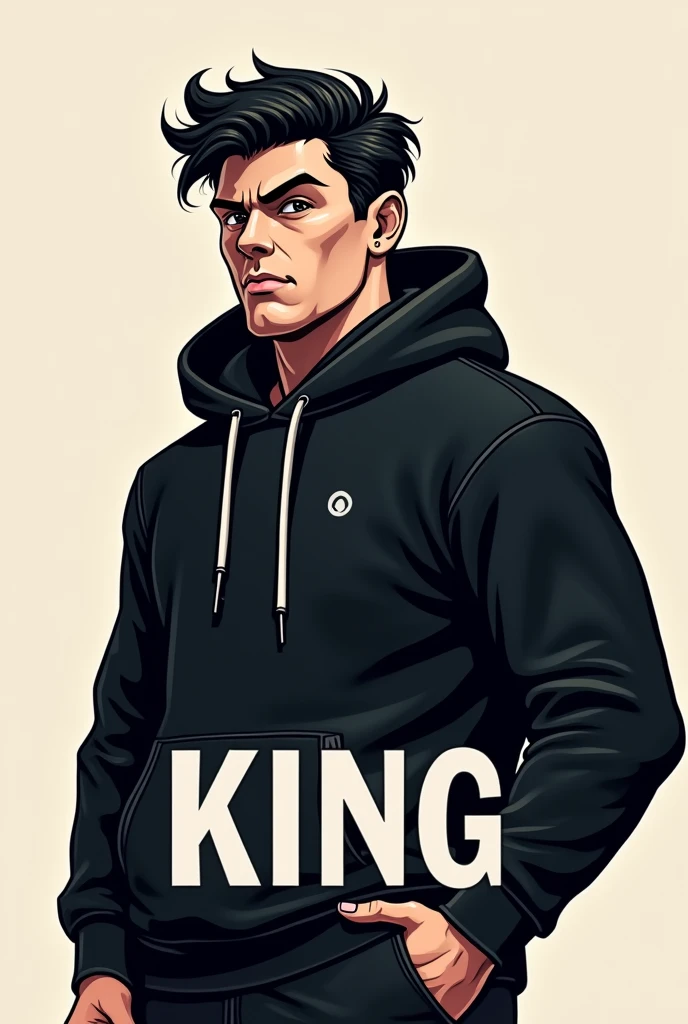 Cream a mascot logo where the mascot has a black sweatshirt, dark black hair and the word says king