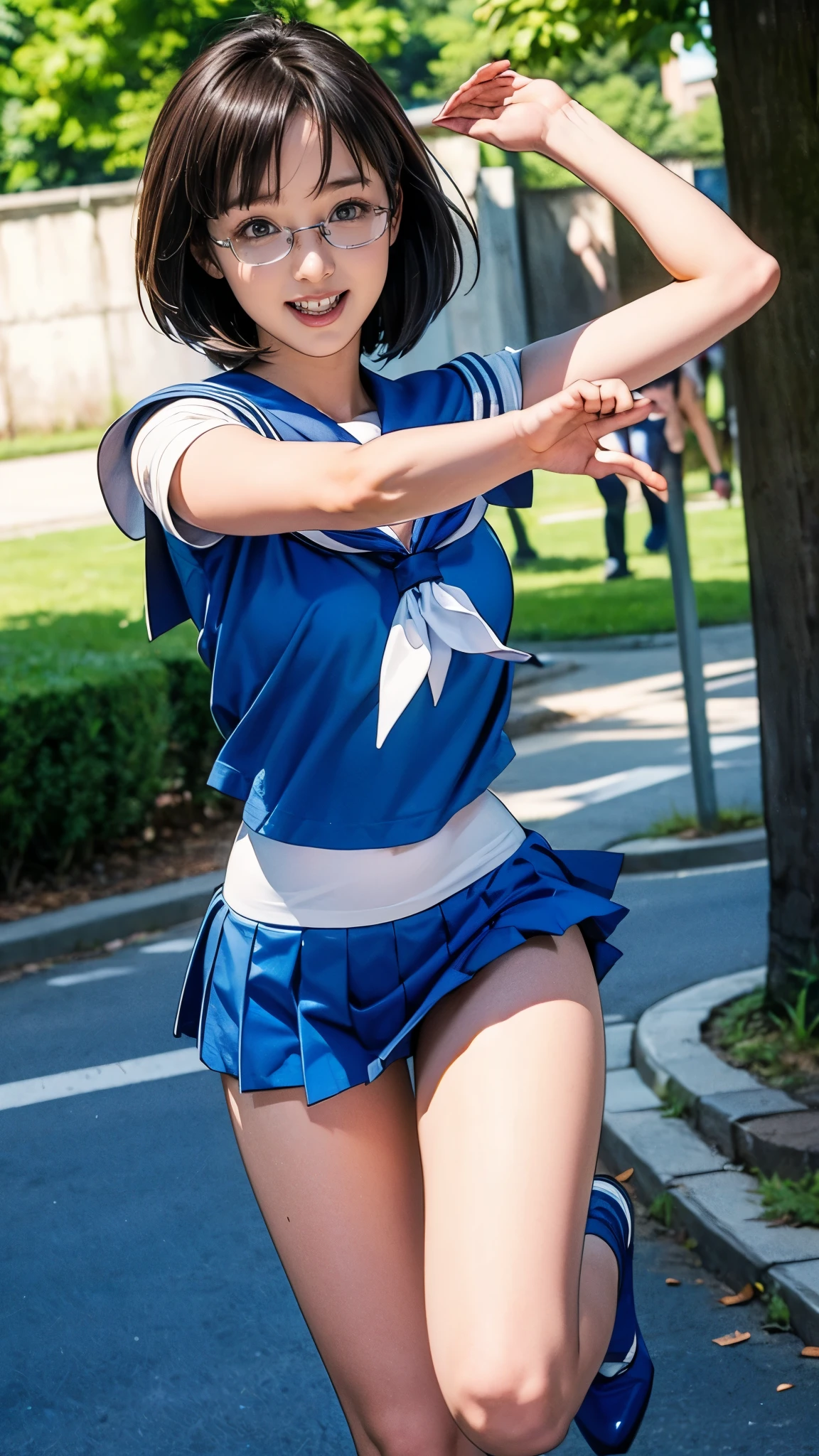 13 year old nerd girl、(Having a blast dressed up as Sailor Mercury)、Droopy eyes:1.4、Big round eyes、Joy、Active pose、(Raise your arms and jump)、Very thin thighs、Outdoors