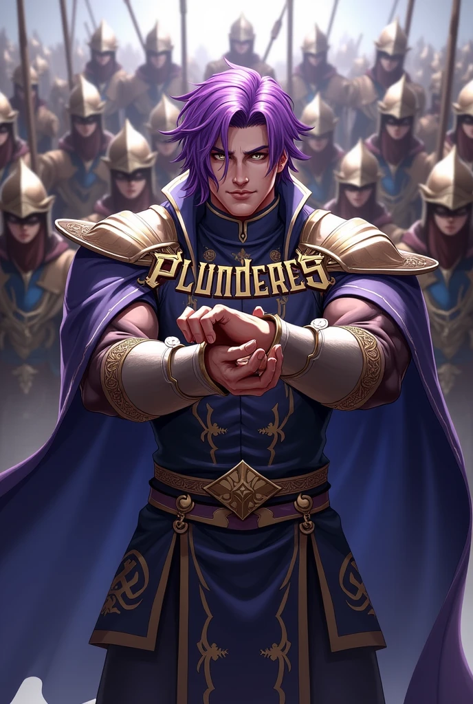 A purple haired man who leads a guild, holding the word Plunderes in his hands and behind him his army of warriors