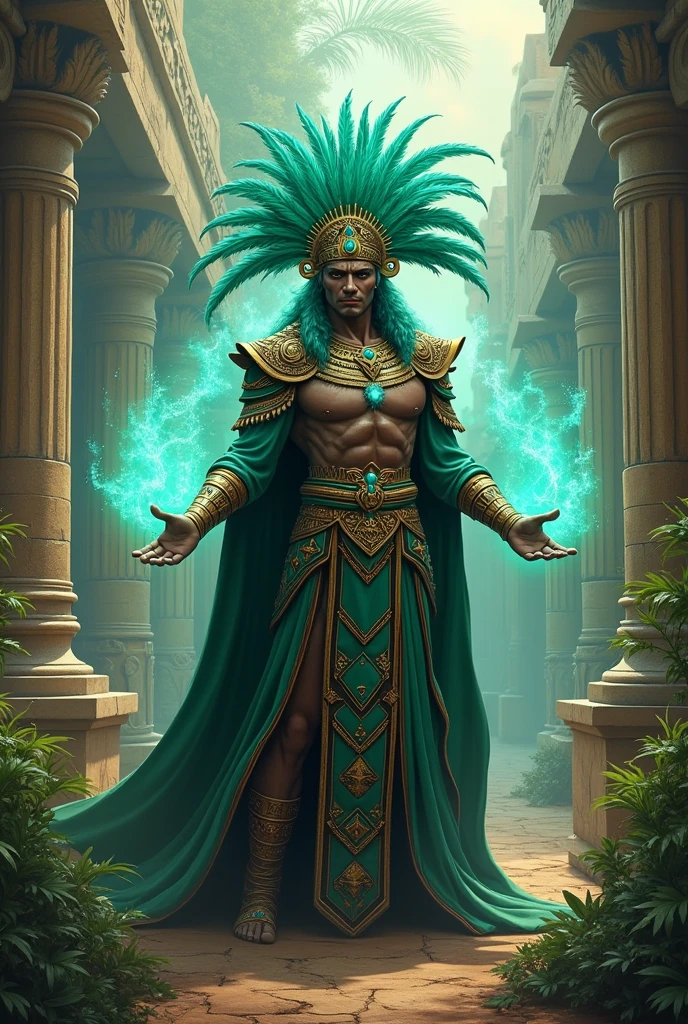 a very powerful Aztec magician, with a tuft of green feathers on his head.
