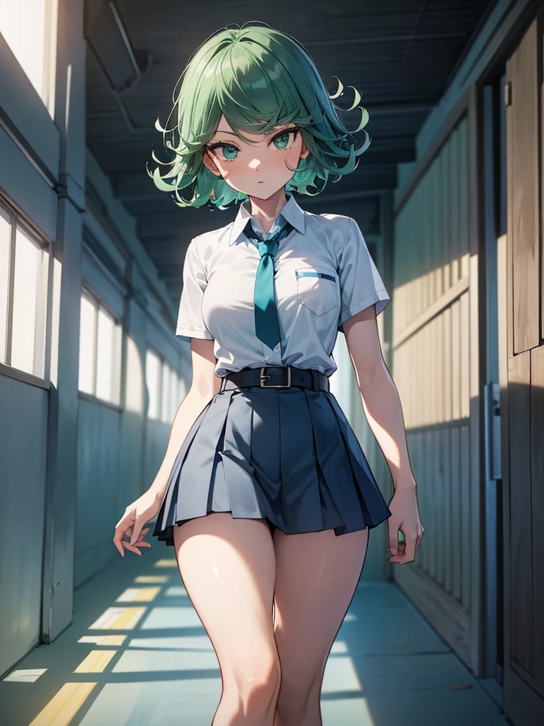 (high res, 8K, masterpiece, looking at viewer, best quality, very aesthetic, ultra detailed, ultra background, ultra Eyes) intricate details, 1girl, Tatsumaki, short sleeved white shirt, Light Blue Gray short skirt, Pockets on the left chest, Blue Gray tie, Wearing a belt, green short hair, green eyes, Normal Face, Background School Hallway, Cinematic Angle