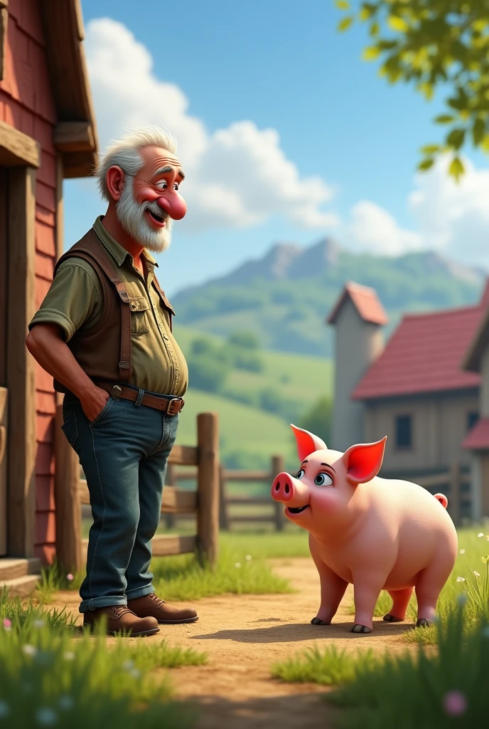 70 year old farmer standing in front of pig pen calls to a fat flirtatious old pig on pixar style farm 