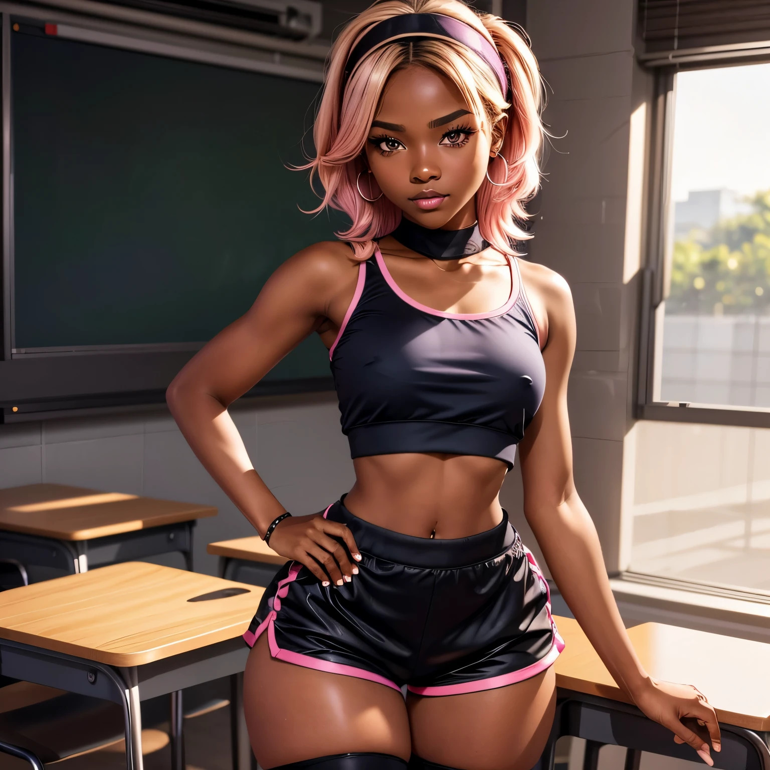 Highest Quality, ​masterpiece, beautifully detailed eyes, (dark skin), short Blonde Hair, Gradient Hair, pink highlights in hair, large breasts, wariza, makeup, glossy lips, full lips, classroom, cheerleader, light smile, midriff, collarbone, thigh highs, miniskirt, thick thighs, (large breasts), Masterpiece, high quality, high resolution, volumetric lighting, subsurface scattering, 8k, Beautiful woman, (dark skin), phillipino, college student, uniform, (round-butt), (large breasts), (tight-blouse), (cotton-shorts:1.2), wavy hair, headband, hoope earings, classroom, sexy pose, seductive pose, thick thigh