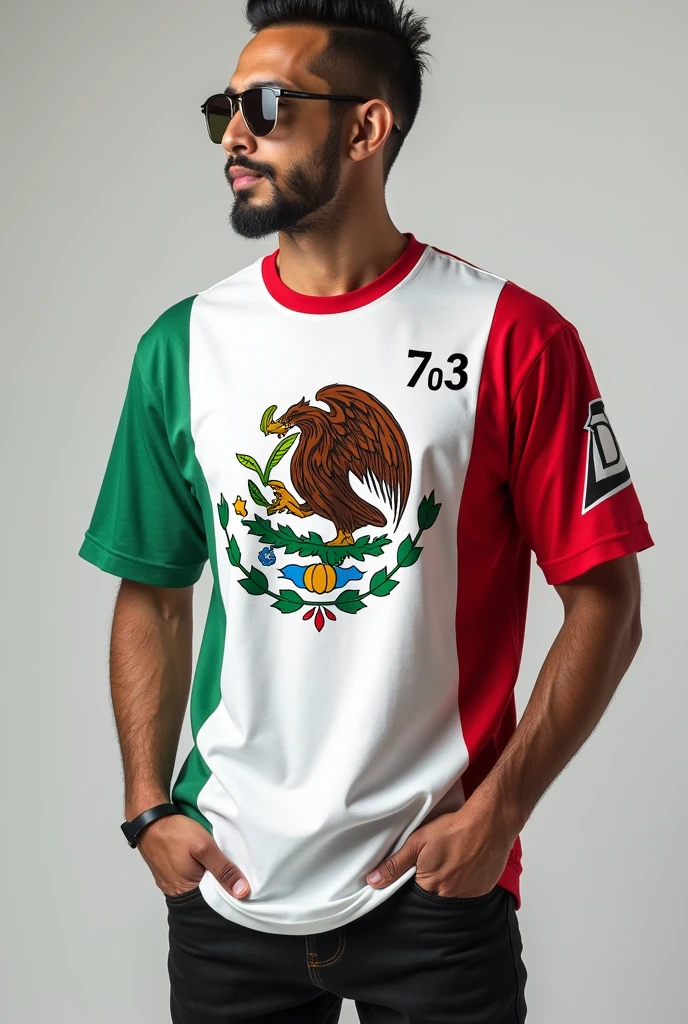 Shirt with the Mexican flag on the chest, white with red and green details underneath.
On the right arm DJ and on the chest 7º3