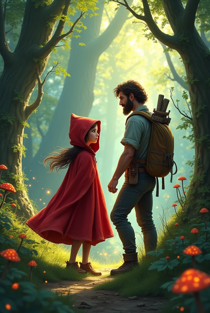 Pictures of a girl dressed in red in an enchanted forest with a lumberjack
