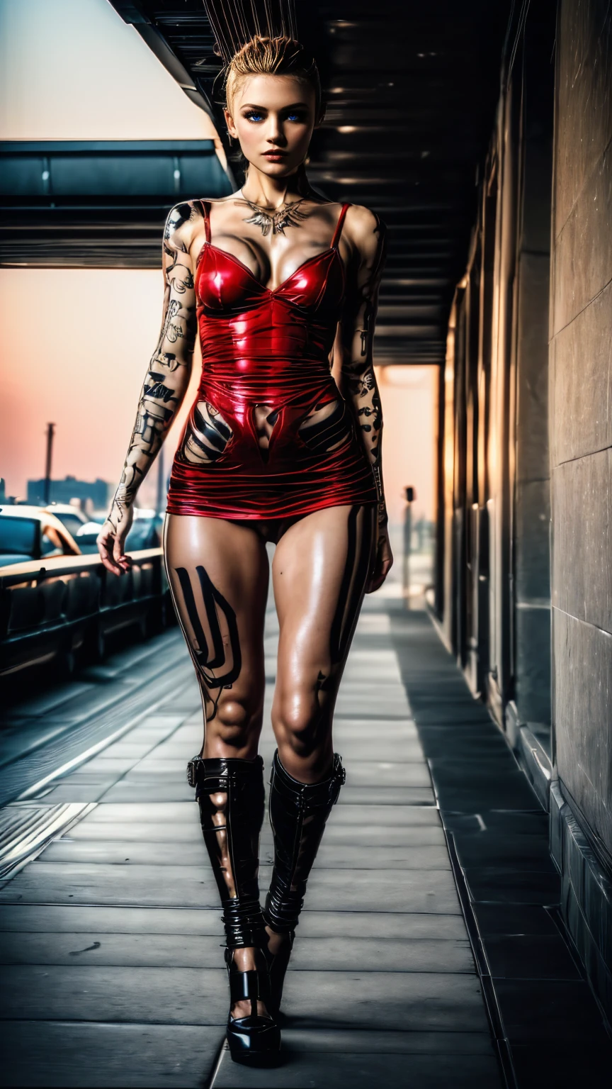 (full length, whole body portrait), (wide angle:1.27), a woman in her late 30s, various modeling poses,catwalk strut, slim_soft_and_slender build, (very low set breasts:1.47), (small_and_perky_bust:1.4), (thigh gap:1.27), bodycon dress (red:1.4), strappy_high_heeled_shoes,honey blonde hair in a messy bun, 8k,masterpiece,strong details,vivid colors,extremely detailed tattoos,extremely detailed face and body, perfect posing,detailed hands, best hands, human anatomy, perfect anatomy, correct musculature, flawless skin, NYC at dawn, jack, no bra