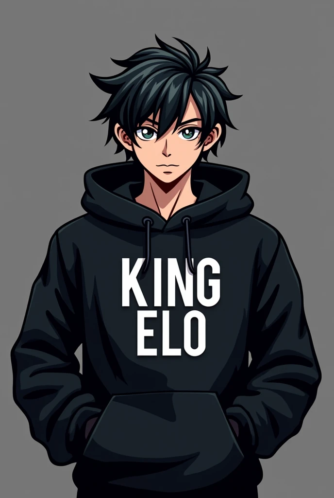 Cream a mascot logo where the mascot has a black sweatshirt, dark black hair and the word says king elo short