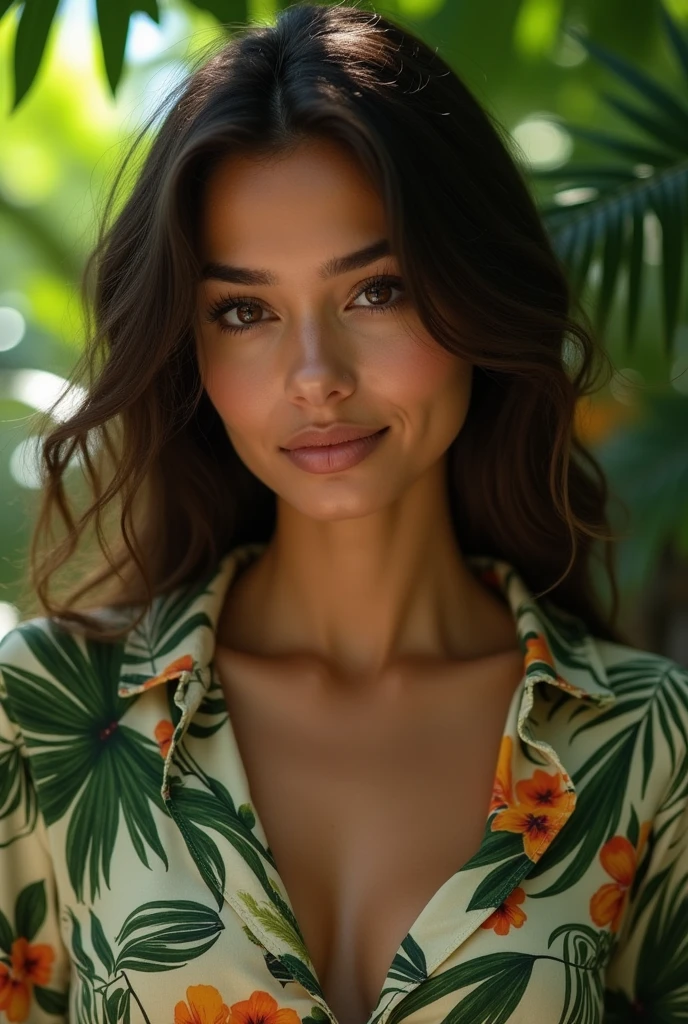 A Brazilian woman in a lush tropical garden, wearing an open shirt with a floral print, with a close-up capturing the harmonious beauty between her breasts and the natural flowers, showing off your natural charm and outgoing personality.
