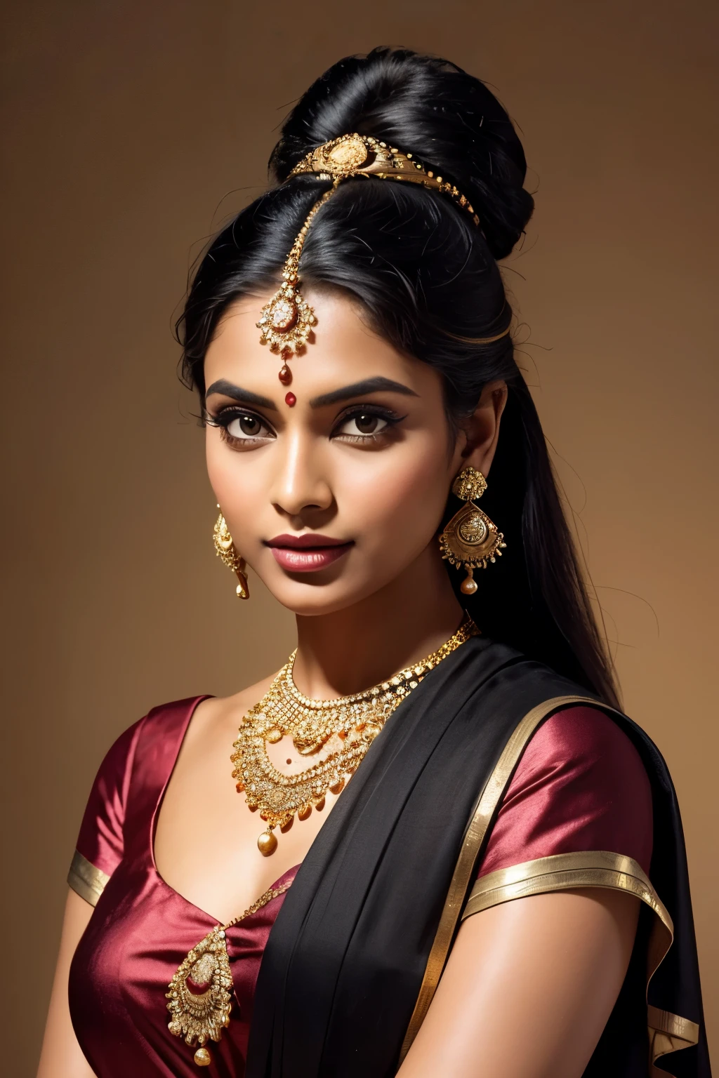 

"Create an image of a retro Indian woman from the 1960s. She has a rich black skin tone and is dressed in a traditional Indian sari with bold, vibrant colors. Her hair is styled in a classic updo, with a small bindi on her forehead. The image should capture the essence of the era, with vintage accessories such as gold earrings and bangles. The background should be simple, perhaps with a muted color that complements the retro theme, emphasizing her traditional elegance and grace."