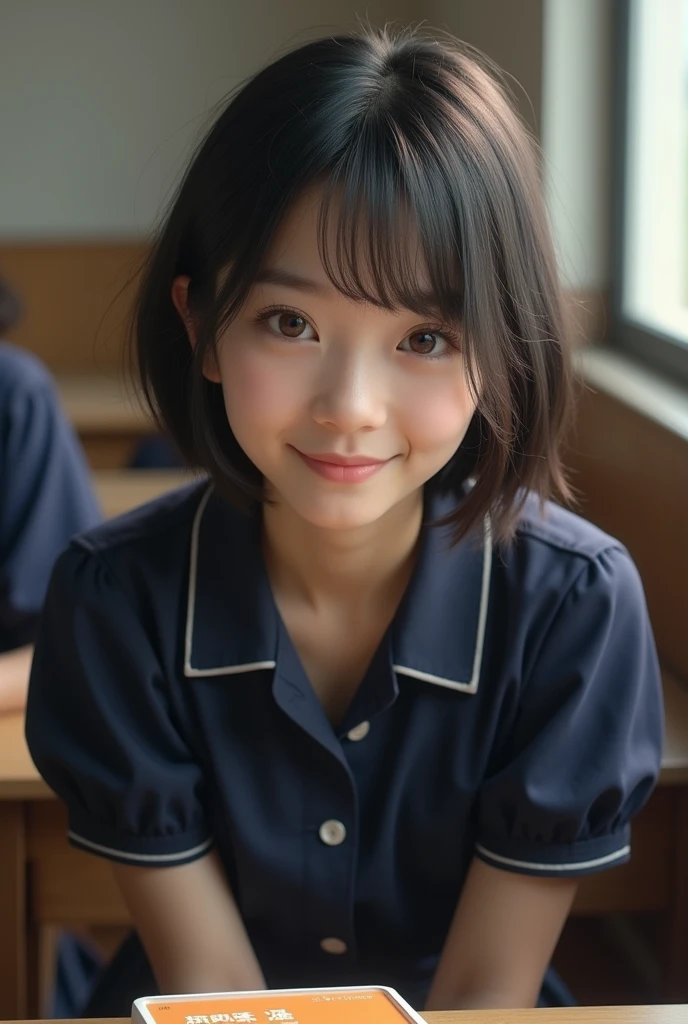 Highest quality, Face Focus, Soft Light, Ultra-high resolution, (Realistic:1.4), RAW Photos, 1 Japan, alone, cute, (A shy smile:0.5), (Brown eyes, Light in your eyes), Beautiful face in every detail, (Small box),(High resolution detail of human skin texture), (Short Bob Hair), break, In the classroom,Navy uniform, Best, skirt