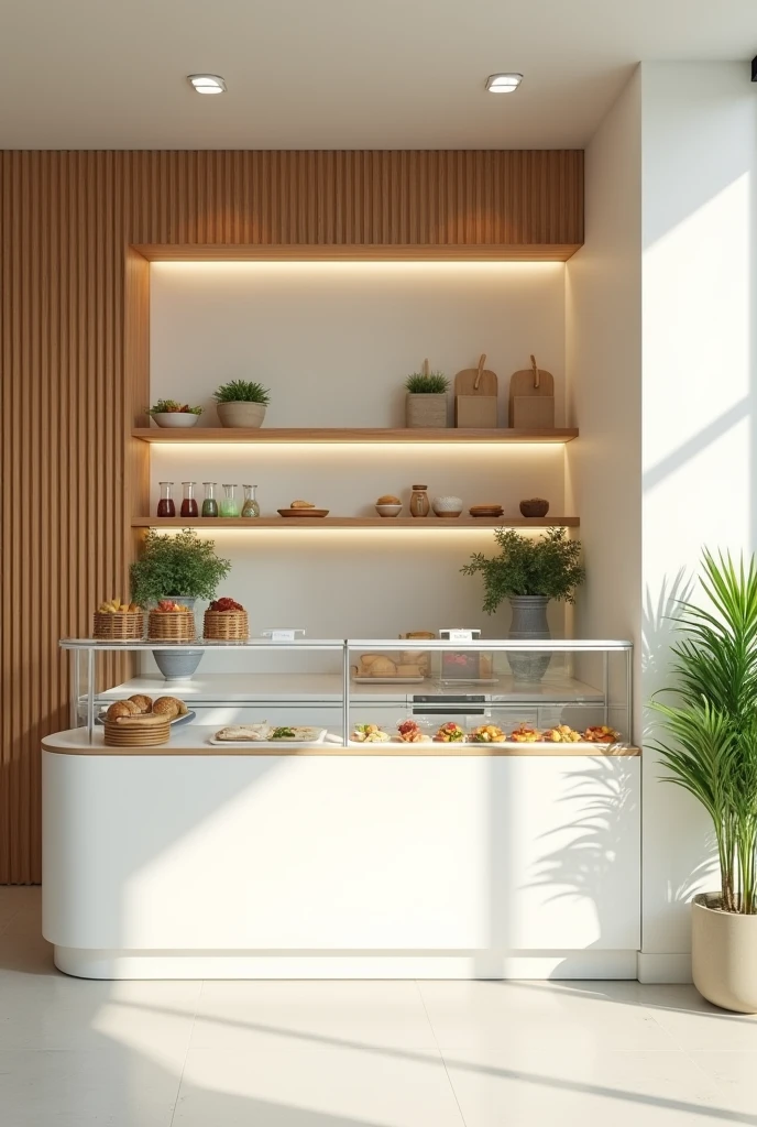 Comptoir d un fast food de fruit moderne couleur blanc et marron
au nom de : SALAMA !
Un petit lieu convivial et attrayant
Représente la fraîcheur