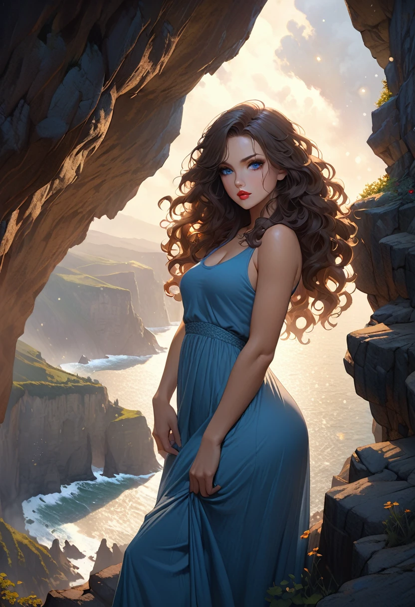 (Sharp focus:1.2), photograph, Attractive Young Woman, (Beautiful Face:1.1), Detailed eyes, Seductive lips, (Smokey Eye Makeup:0.85), (Medium chest:1.0), (An athletic body:1.2), (Wavy Hair:1.2), wear (Maxi Dresses:1.2) To (Cliff Side:1.2). (Moody lighting:1.2), Depth of written boundary, Bokeh, 4K, High resolution. Toよる (James C. Christensen:1.2|Jeremy Lipking:1.1).