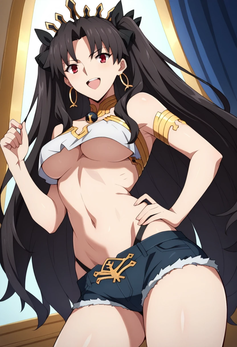 score_9, score_8_up, score_7_up, score_6_up BREAK source_anime, ishtar (Fate/Grand Order), long hair, black hair, ribbon, hair ribbon, two side up, red eyes, parted bangs, crown, 1girl, divine goddess body with stunning curves, open mouth, smile, crop top, underboob, mini shorts, wide hips, vista de 3 cuartos, The background is a bedroom