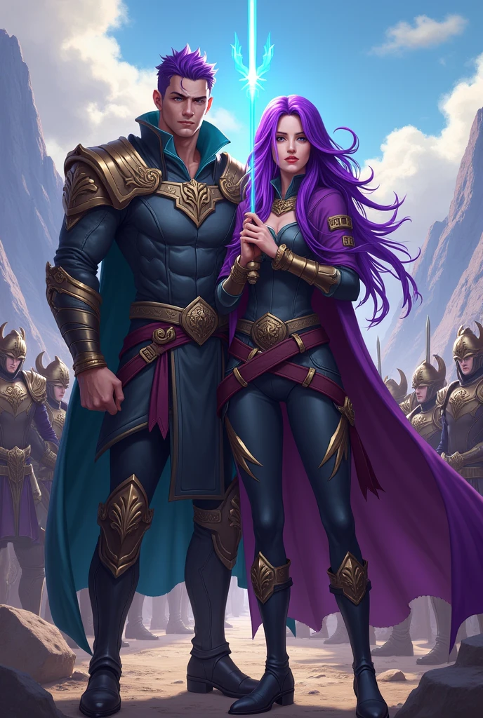 A man and a woman with purple hair leading a guild, holding the word Plunderes in his hands and behind him his army of warriors