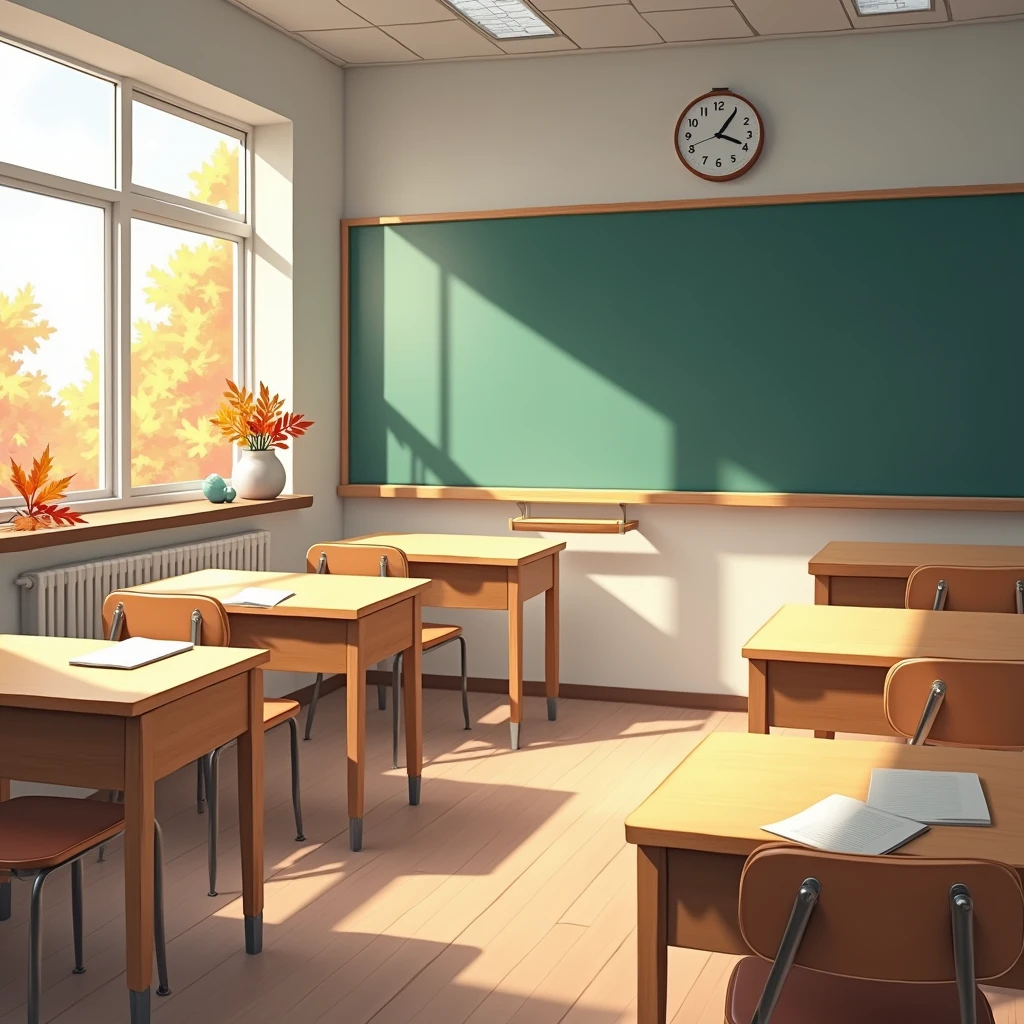 Clean classroom background with wooden desks and a chalkboard, light streaming through the windows, subtle autumn decorations such as a few red and orange leaves on the windowsill