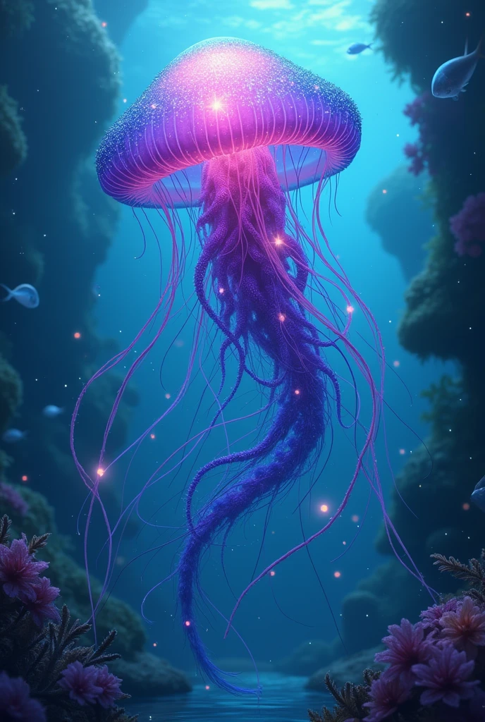 I need a jellyfish in a mystical underwater setting. The jellyfish is more purple and blue and the tentacles are forming the long hair of a mermaid