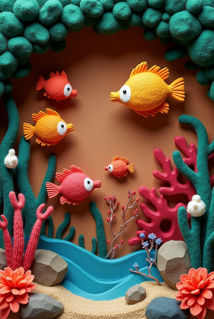 Make jute paper mache with a background color of sand redish brownish just like a beetroot nature dye color and dark green background of spinach above and make a marine life look with 3d elements make with wool cotton or natural things, Give me an image amazing, attractive and easy 5 samples
