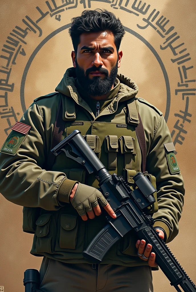 Create an image like Afghanistan army with gun with beard with missile . in the background set "لآ اِلَهَ اِلّا اللّهُ مُحَمَّدٌ رَسُوُل اللّهِ "
name in the flag.