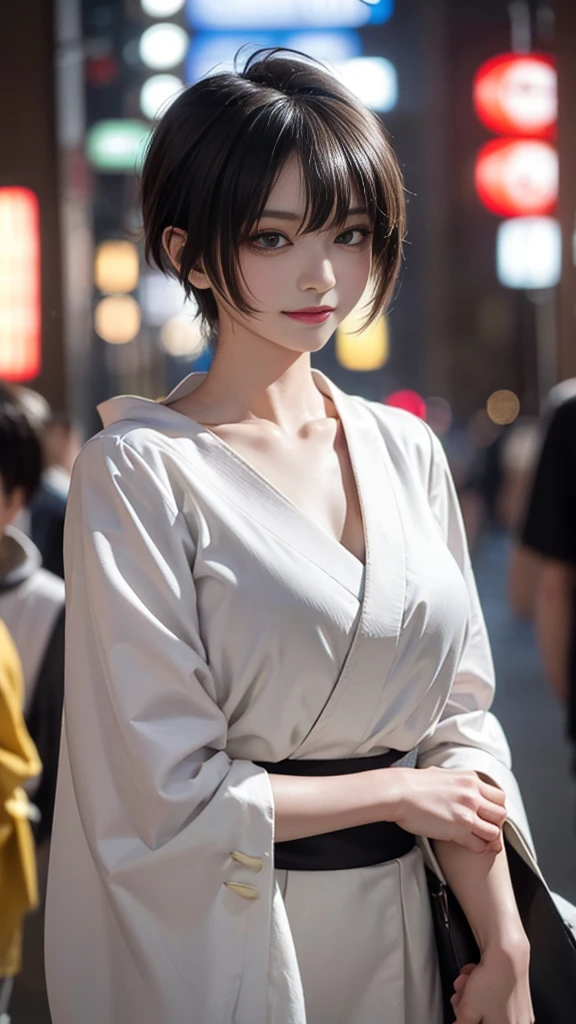 High resolution, masterpiece, accurate, Anatomically correct, Winner of numerous awards, Highest quality, Damaged, High-resolution model, High detail, Very detailed, Textured skin, Ultra high definition,
one person, 独奏, bionde, Pixie Shortcuts, Hair style with highlighted gradient color,
Large Breasts, happiness/joy, smiling, Drooling,
Background blur, Backlight, movie light effect, movie, Movie shooting,
(Japanese Gal Fashion:1.5), Crowds of Shinjuku