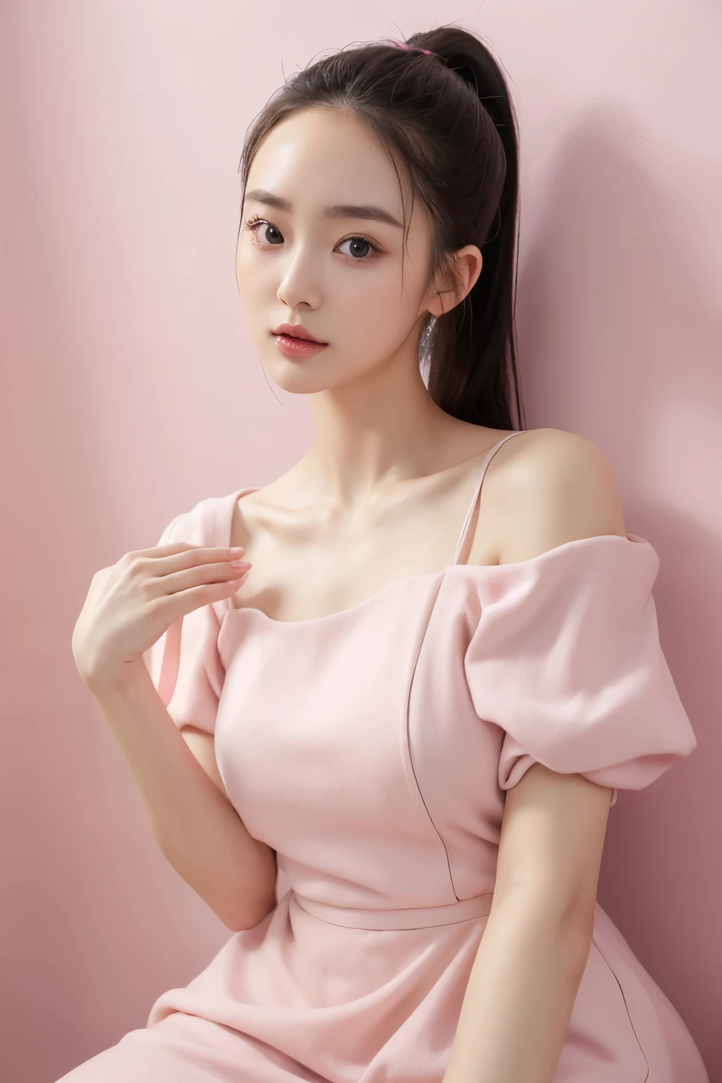 Top quality, 1 beautiful kawaii female model, japanese, front facing, High Ponytail, Wide forehead, Wide forehead, thin eyebrows, Gravure model's body type, Large bust, stylish pastel colored summer dress, high-quality clothing, wearing lux fashion, influencer, instagram, at dreamy space, Looking at smartphone