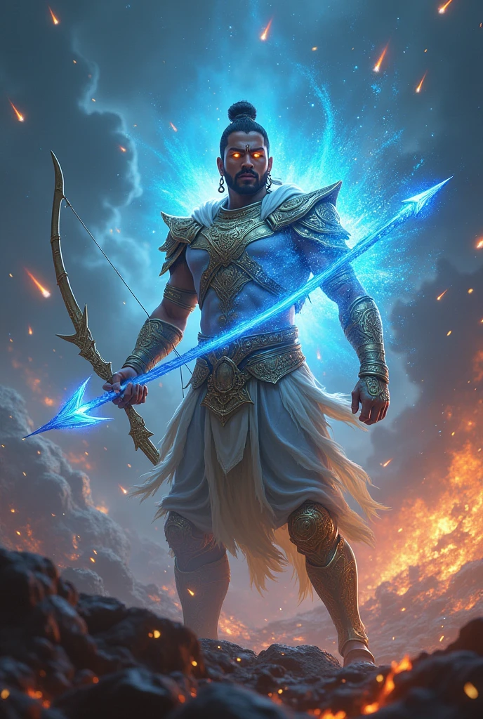 Arjun pointing bow and arrow and arrow is made of dark and made of energy which is glowing blue and bow is made some source of celestial material which is glowing in flaming blue he is in golden chariot and eyes are is glowing bright . He is very clam . He is wearing an armour also made of a celestial material which glow like moon. And he is in the middle of a war and many fire arrows are raining in back.