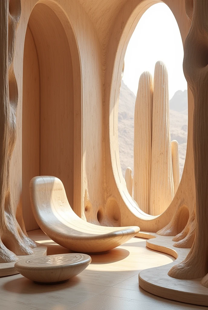 Futuristic wooden furniture, Futuristic art in wood and realistic 3D nature