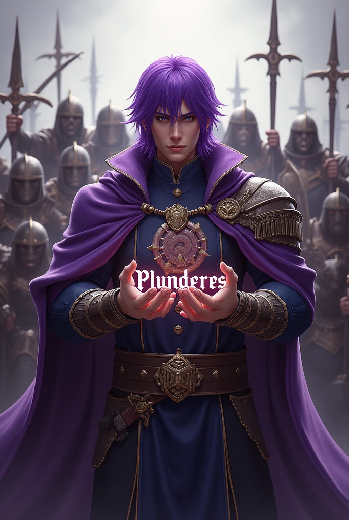 A purple haired man who leads a guild, holding the word Plunderes in his hands and behind him his army of warriors